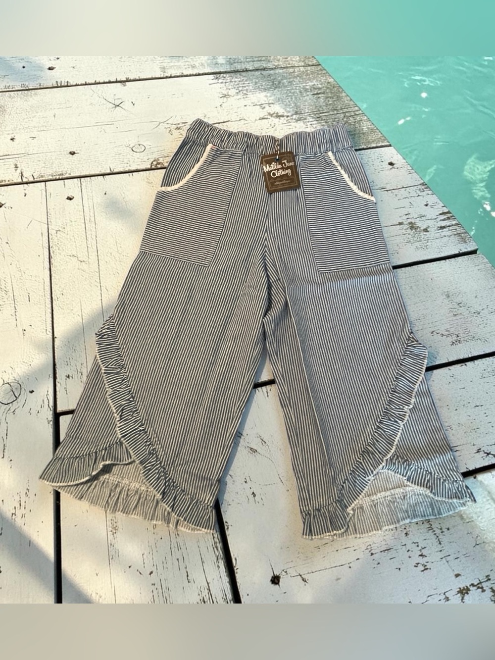 Matilda Jane Navy and White Pinstripe Ruffle Hem Pants Size 8